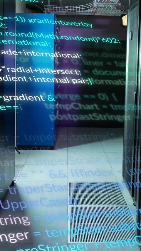 Animation of multicolored computer language over data server room Video stock 323577911