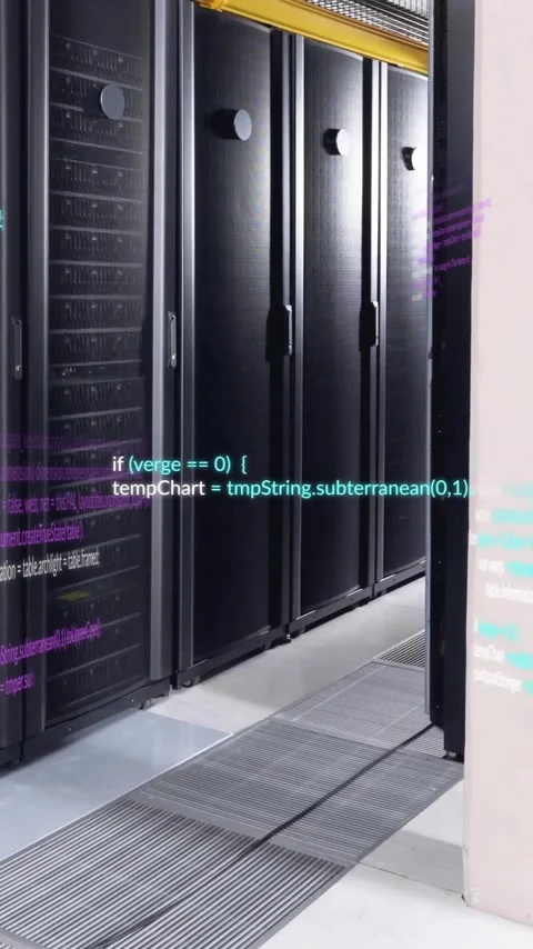Animation of multicolored computer language over data server racks in server Video stock 323579020
