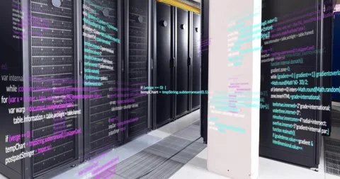 Animation of multicolored computer language over data server racks in server Video stock 325963278