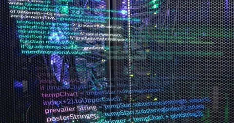Animation of multicolored computer language over illuminated data server system Stock Footage 326095999