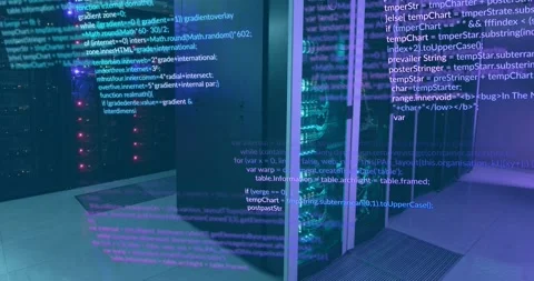 Animation of multicolored computer language over data server systems in server Stock Footage 326409301