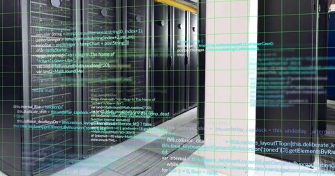 Animation of multicolored computer language over data server room Stock Footage 326626160