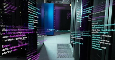 Animation of multicolored computer language over data server room Video stock 327202645