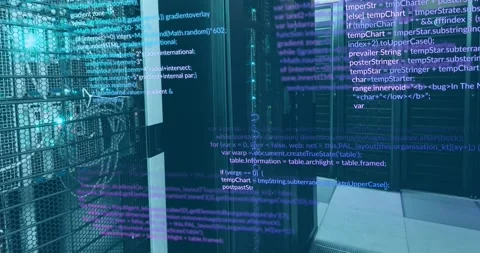 Animation of multicolored computer language over illuminated data server systems Stock Footage 328311994