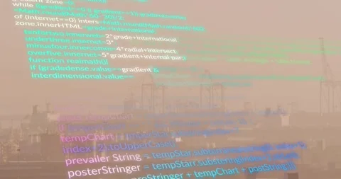 Animation of multicolored computer language over aerial view of modern buildings Stock Footage 328463099