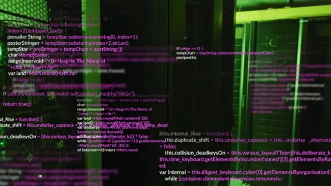 Animation of multicolored computer language over illuminated data server systems Vídeos de archivo 330052557