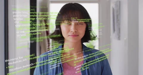 Animation of multicolored computer language over asian woman standing at home Stock Footage 330106012