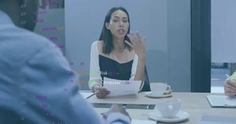 Animation of multicolored computer language over diverse female explaining Stock Footage 330297138