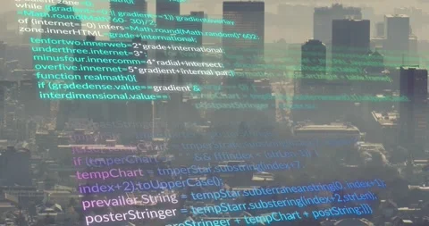 Animation of multicolored computer language over aerial view of modern cityscape Stock Footage 330587250