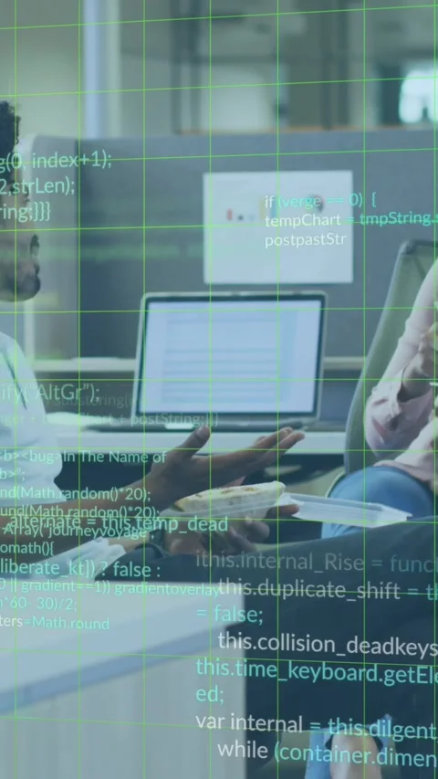 Animation of multicolored computer language over diverse coworkers eating and Stock Footage 342612235