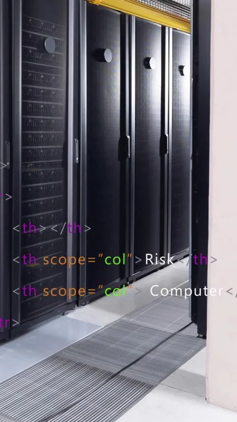Animation of multicolored computer language over data server racks in server Stock Footage 343127353