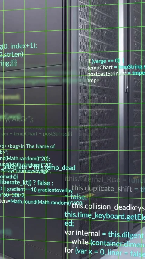 Animation of multicolored computer language over data server room Stock Footage 343682087