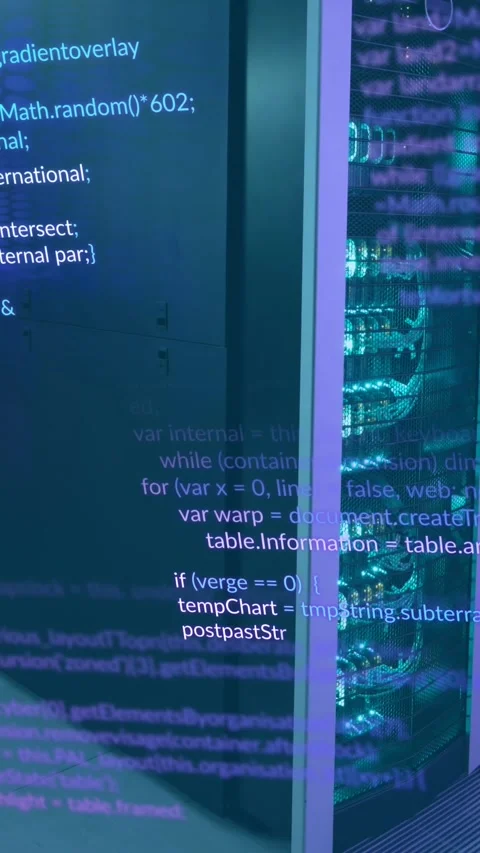 Animation of multicolored computer language over data server systems in server Stock Footage 343902607