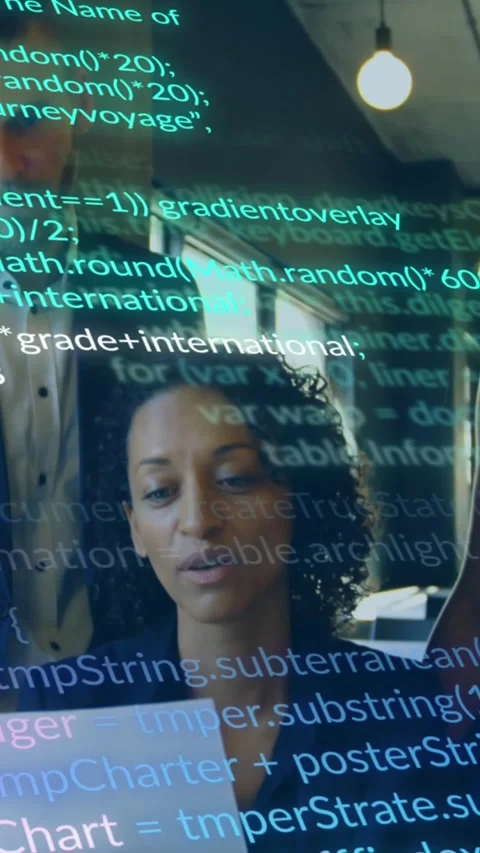 Animation of multicolored computer language over diverse coworkers discussing Stock Footage 344525786