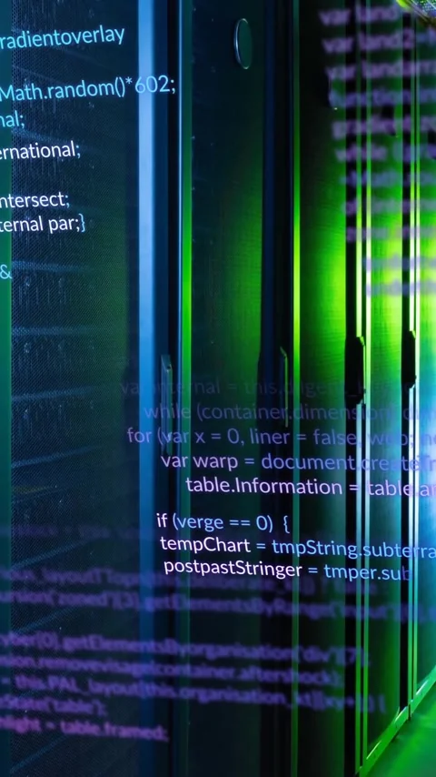 Animation of multicolored computer programming language over data server room Stock Footage 323579019
