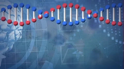 Animation of multicolored dna helix over digital brain and moving graphs Stock Footage 328523358