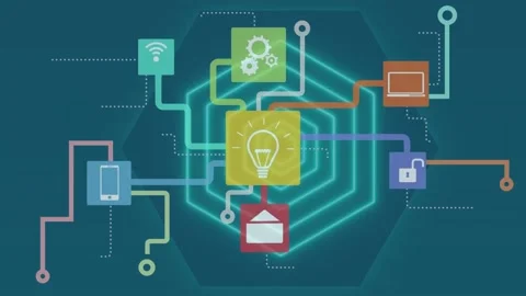 Animation of multicolored flow chart of multiple icons over hexagon pattern on Stock Footage 229434506