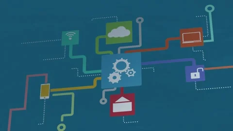 Animation of multicolored flow chart of multiple icons on blue background Stock Footage 328360296