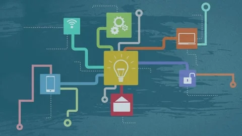 Animation of multicolored flow chart of multiple icons over blue background Stock Footage 330288019