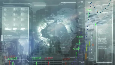 Animation of multicolored forming graph over infographic interface with rotating Stock Footage 329568688