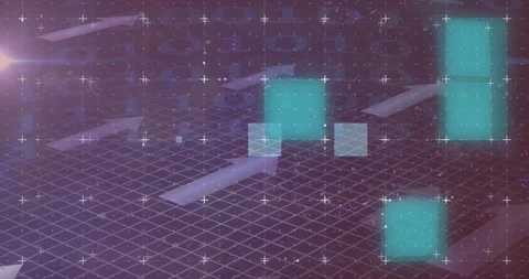 Animation of multicolored glitch technique, square, arrows and circle over Video stock 209937398