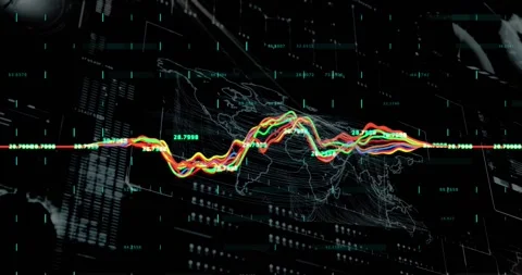 Animation of multicolored graphs, bars and abstract pattern over black Stock Footage 329770300