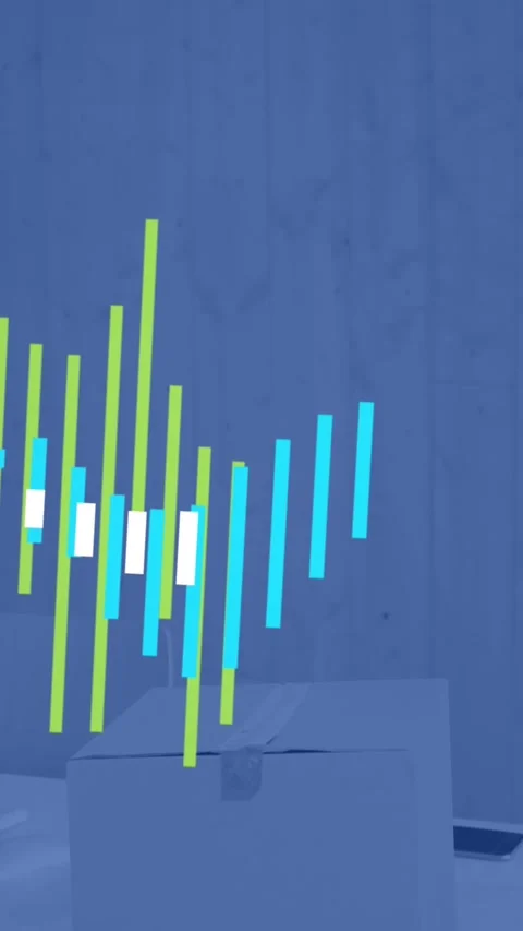 Animation of multicolored graphs over empty chair, cardboard box and desktop on Stock Footage 344011981