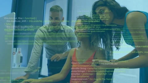 Animation of multicolored infographic interface, diverse coworkers discussing Stock Footage 327003336