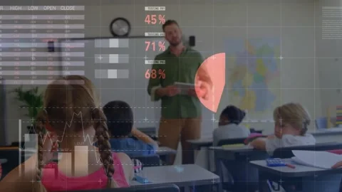 Animation of multicolored infographic interface, diverse male teacher teaching Stock Footage 329511653