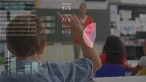Animation of multicolored infographic interface over diverse students raising Stock Footage 328244184