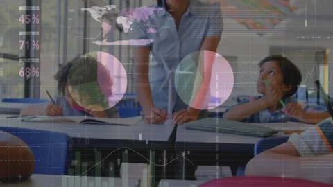 Animation of multicolored infographic interface over diverse teacher teaching Stock Footage 329127440