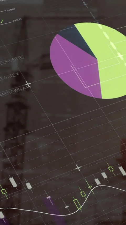 Animation of multicolored infographic interface over under construction building Stock Footage 342599405