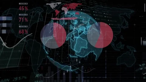 Animation of multicolored infographic interface, trading board, globe and map Stock Footage 330055324