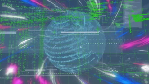 Animation of multicolored pattern moving over rotating globe against programming Stock Footage 315837894