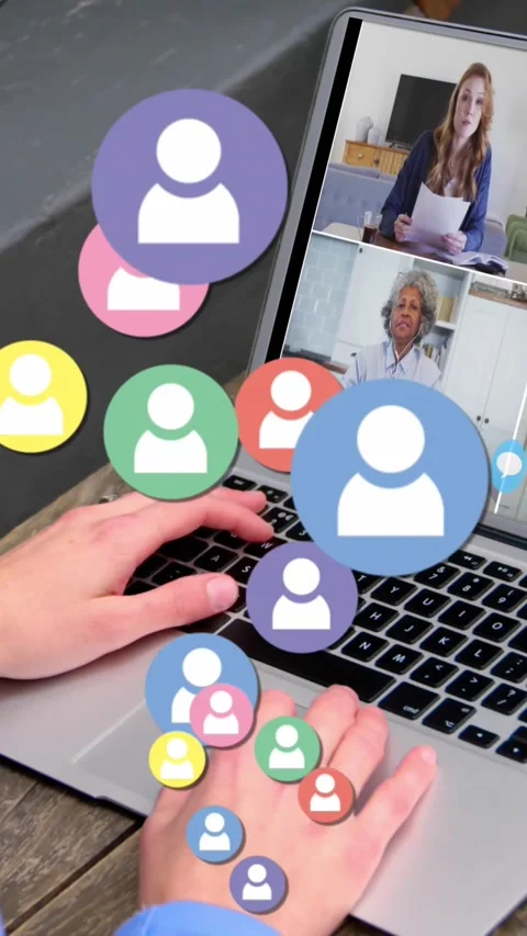 Animation of multicolored profile icons over diverse coworkers discussing on Stock Footage 344783620