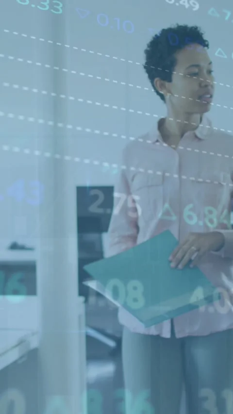 Animation of multicolored trading board, diverse female coworkers walking and Stock Footage 344679469