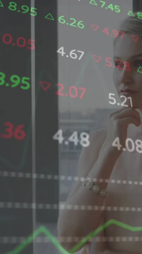 Animation of multicolored trading board over thoughtful caucasian woman standing Stock Footage 343955894