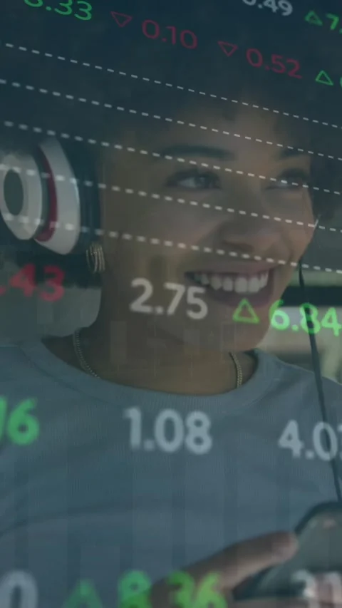 Animation of multicolored trading board, smiling woman listening to music using Stock Footage 344679389