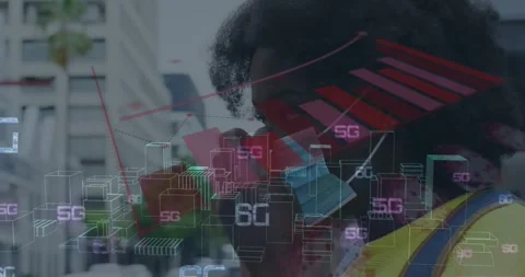 Animation of multiple 6g texts over 3d city model over african american woman Stock Footage 329564069