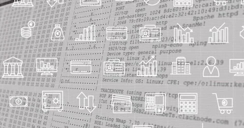 Animation of multiple application icons and screen with programming language Stock Footage 328712213