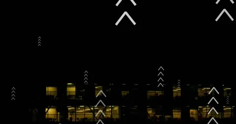 Animation of multiple up arrows over aerial view of illuminated modern building Stock Footage 329775677