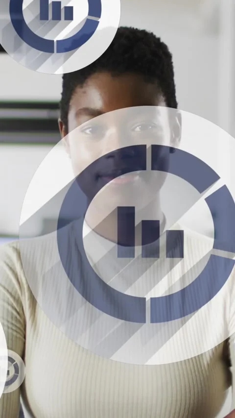 Animation of multiple bar graph icons floating against african american woman 스톡 동영상 320811881