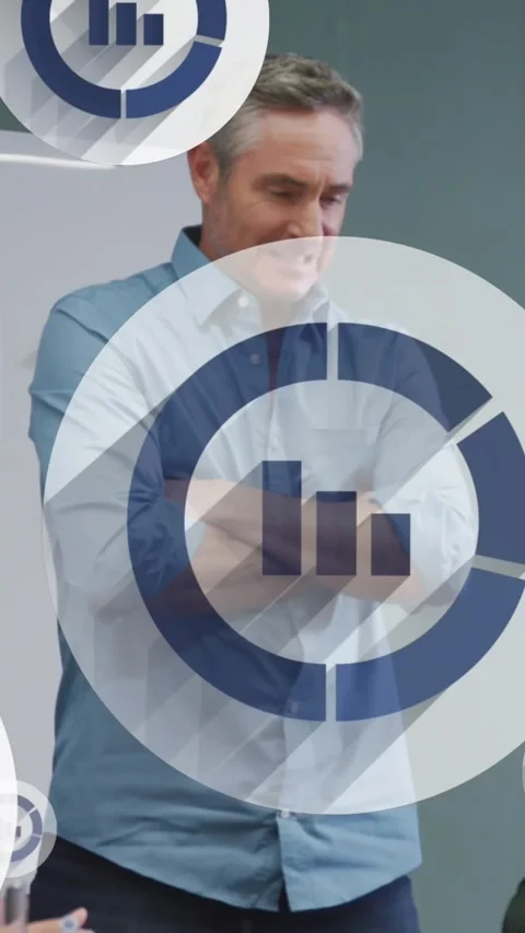 Animation of multiple bar graph icons floating over diverse colleagues 스톡 동영상 321215931