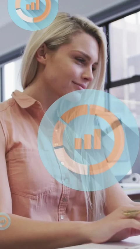 Animation of multiple bar graph icons floating against caucasian woman smiling 스톡 동영상 321265657