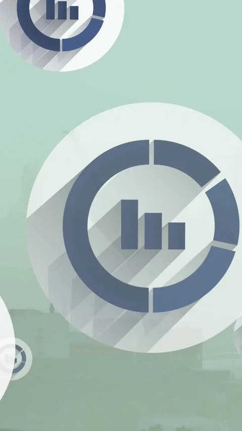 Animation of multiple bar graph icons floating against aerial view of cityscape 스톡 동영상 321441226