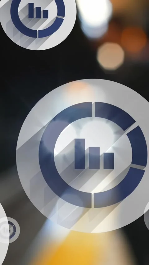Animation of multiple bar graph icons floating against blurred view of train Stock Footage 344706626