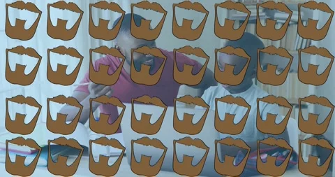 Animation of multiple beard icons over african american father helping son in Stock Footage 330583969