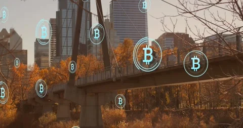 Animation of multiple bitcoin icons floating against view of city bridge Stock Footage 329223255