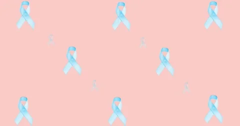 Animation of multiple blue ribbon logo and donate text glowing on pink Stock Footage 328504688