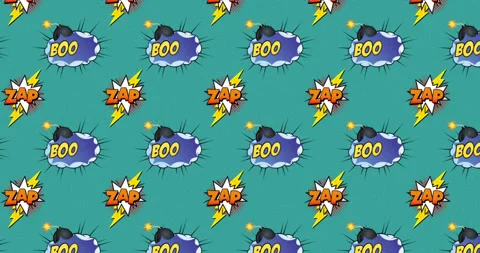 Animation of multiple cartoon bubble with BOOM and ZAP written on a green Stock Footage 135680332
